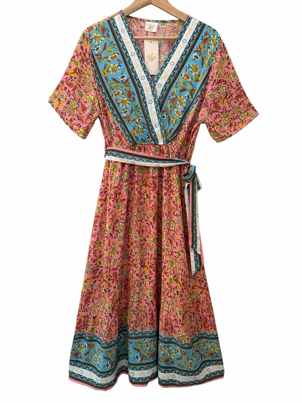 GLM Floral V-Neck Midi Dress Womens Sz XL Pink Blue Rayon Tie Waist Flowy Boho